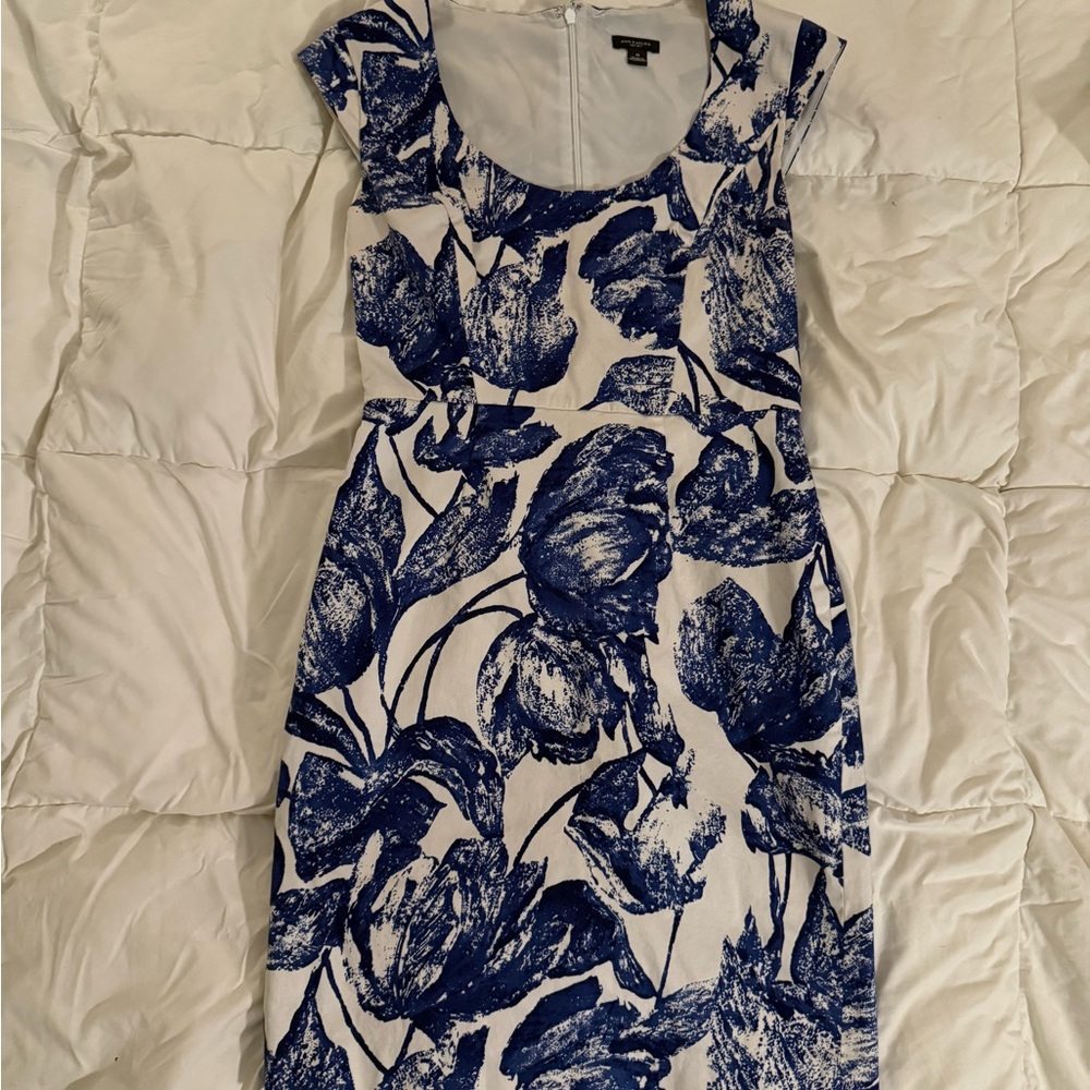 Ann Taylor White Midi Dress with Blue Floral Print